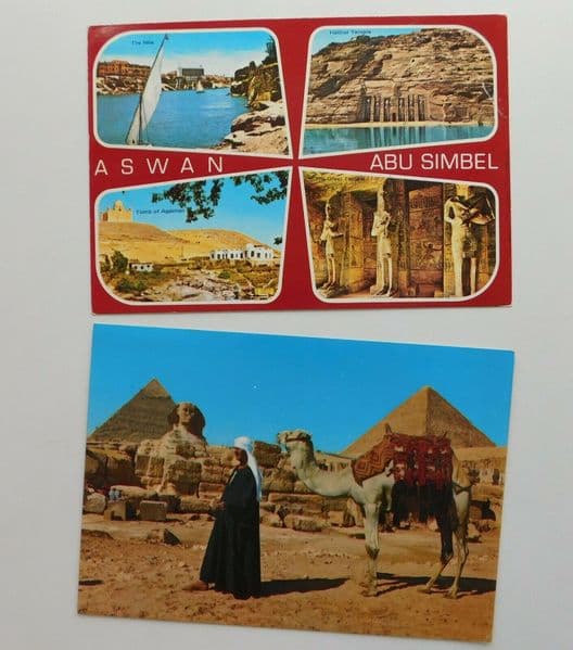 2 vintage Egyptian postcards pretty stamps Giza Pyramids Sphinx Abu Simbel D